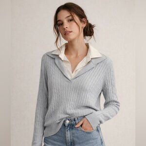 Lauren Ralph Lauren | Cashmere Silk Polo Cable Knit Sweater Baby Blue Ivory Sz L